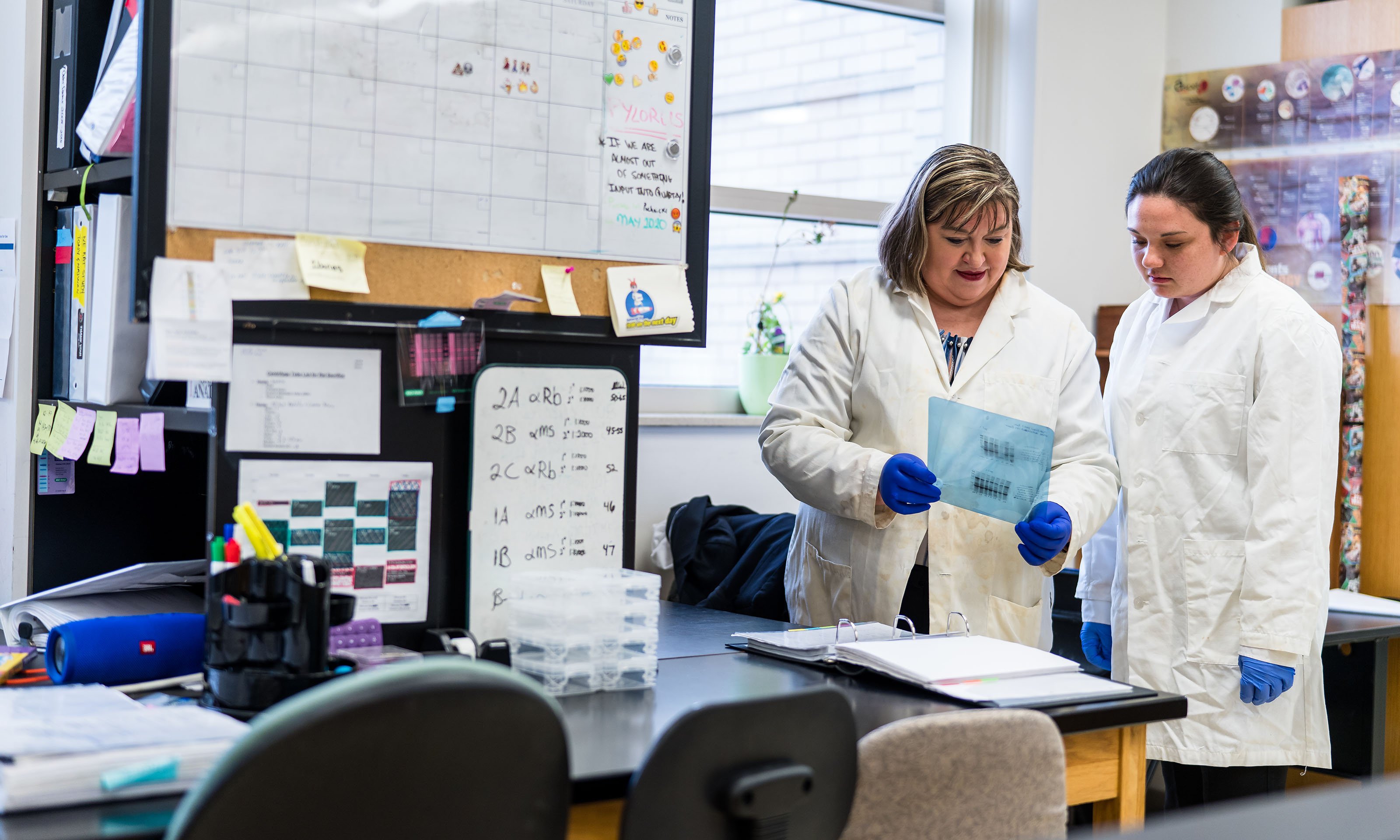 Female mentor in lab coat holds out lab slide to female student in lab coat, in biomedical science lab.