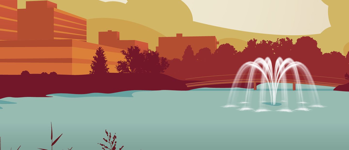 A colorful illustration of Bear Lake in front of buildings on Oakland University's campus.