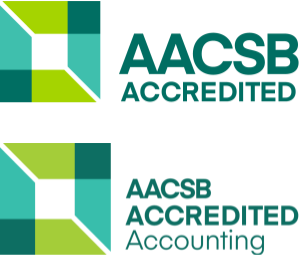 A blue and green square logo with the words "AACSB Accredited" next to it. Another blue and green square logo with the words "AACSB Accredited Accounting" next to it 