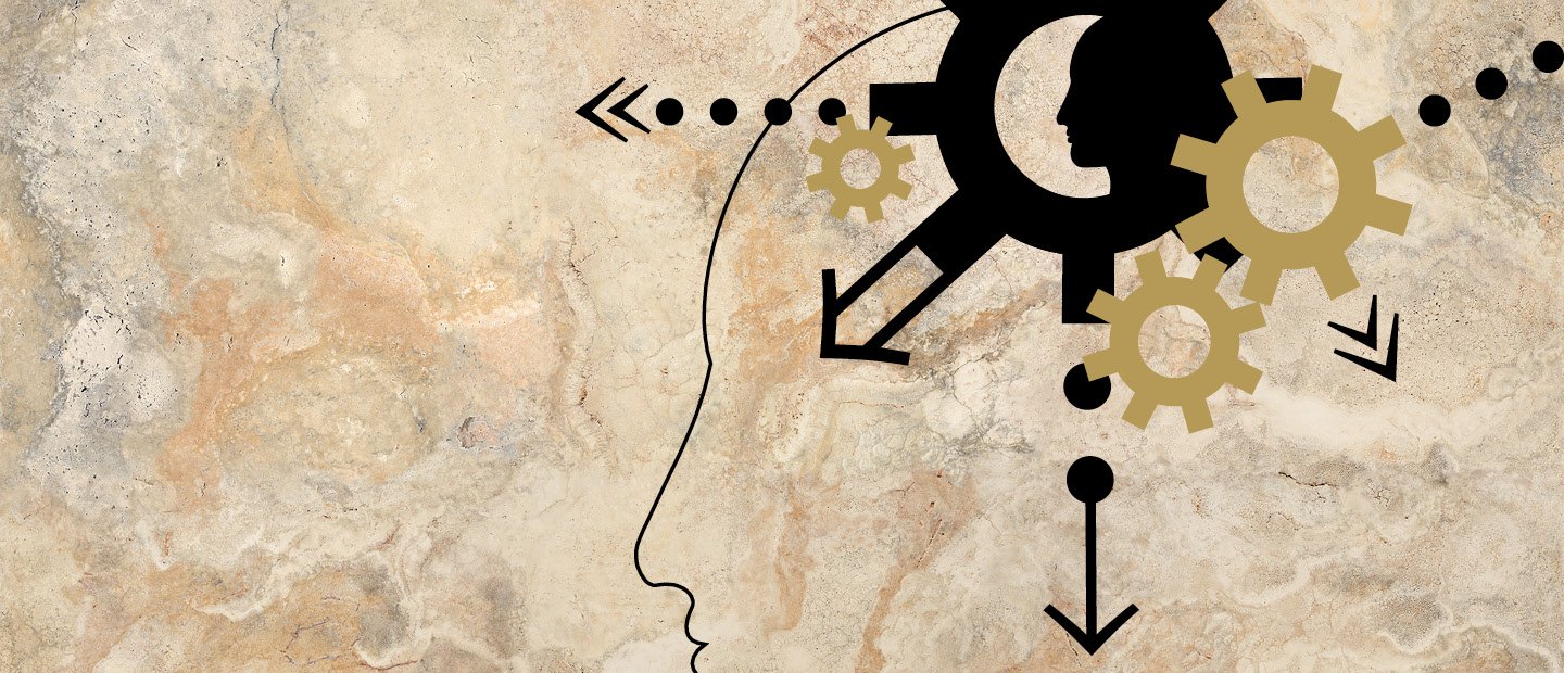 A graphic image of a silhouette of a face in profile, with gears and arrows where the person's brain would be.