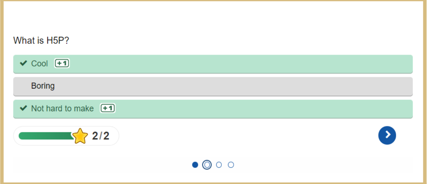 online quiz question "What is H5P?" has three answer options, two correct options being "cool" and "not hard to make" and one incorrect being "boring."