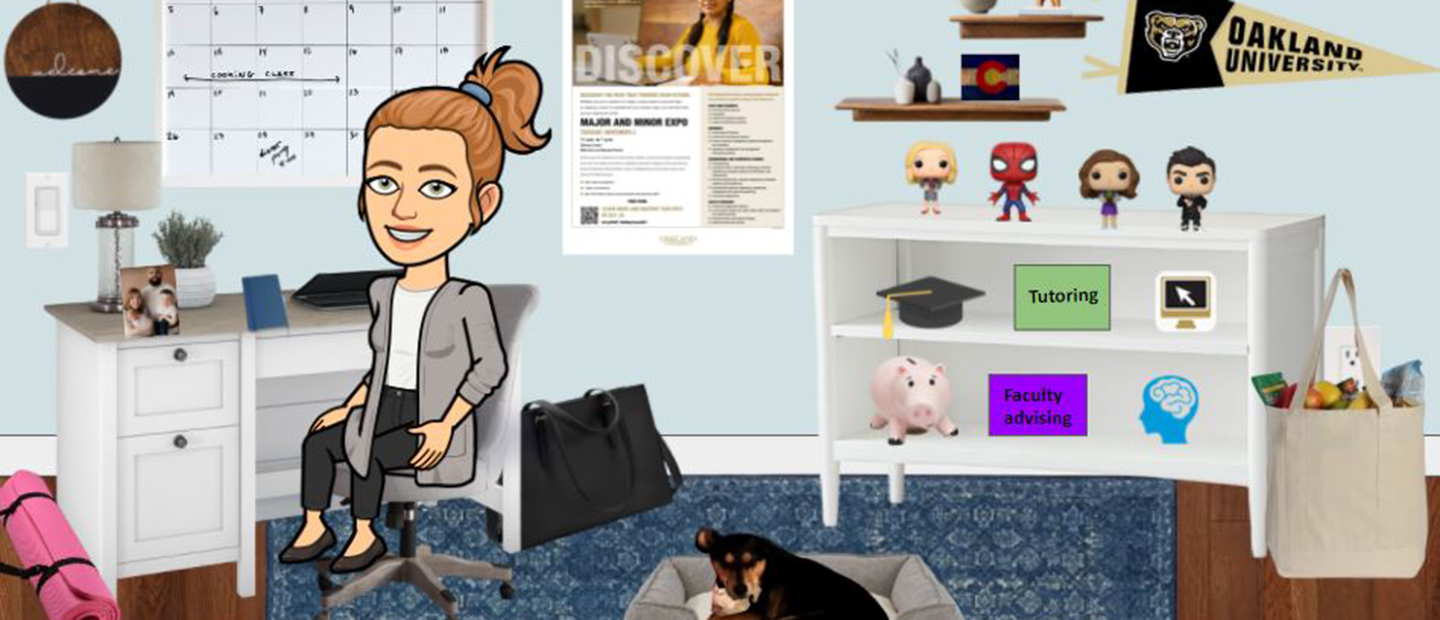 Digital avatar of a woman sitting in a virtual office with many decorations and objects.