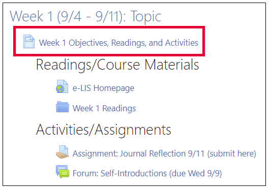 Example of including segments of a syllabus in each week's block on Moodle