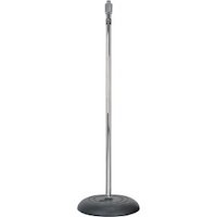 A tall straight floor microphone stand.