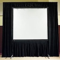 A white projector screen against a black drape background.