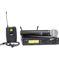 A wireless microphone kit with microphone, receiver and speaker.