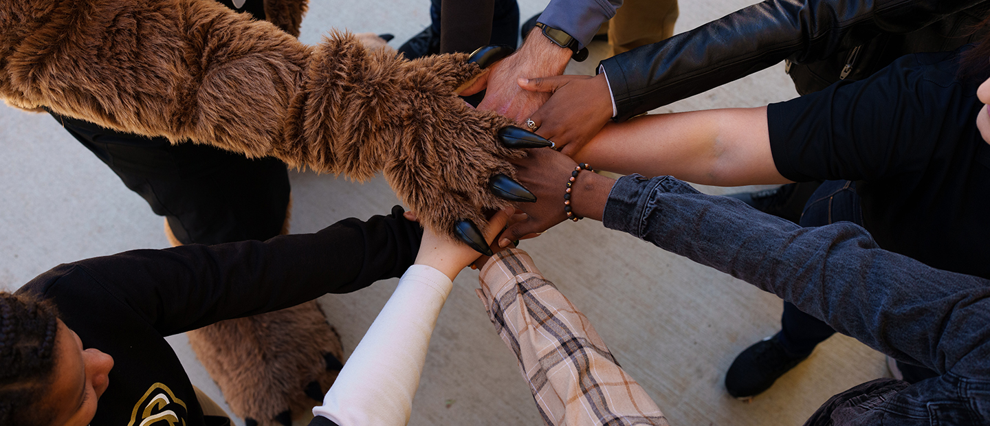 Student Health and Safety photo of Grizz Paw with hands of students, showing unity