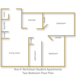 Ann V. Nicholson Student Apartments Two Bedroom Floor Plan with rooms labeled