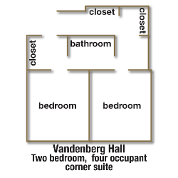 Vandenberg Hall two bedroom, four occupant corner suite floor plan with rooms labeled.