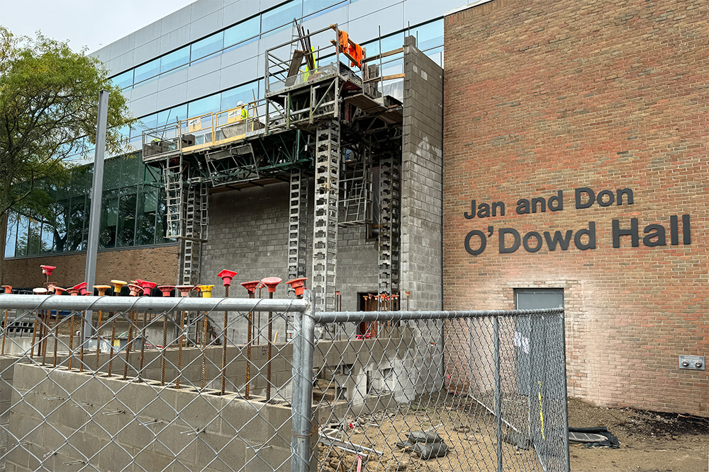 An image of the entrance to O'Dowd Hall under construction
