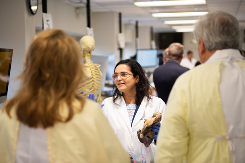 An image of Dr. Tarankanti in the OUWB anatomy lab