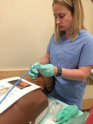 woman in blue scrubs inserting a tube into the neck of a medical dummy