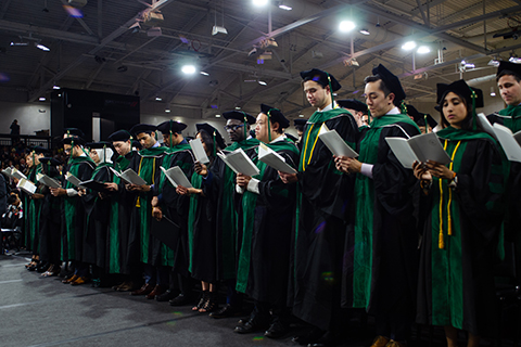 rows of graduating students in green and black gowns and caps, reading from a program