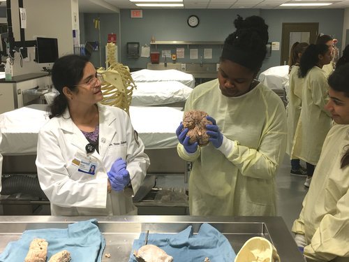 Varna Taranikanti, M.D., Ph.D., associate professor, works with a student during the Future Physicians program