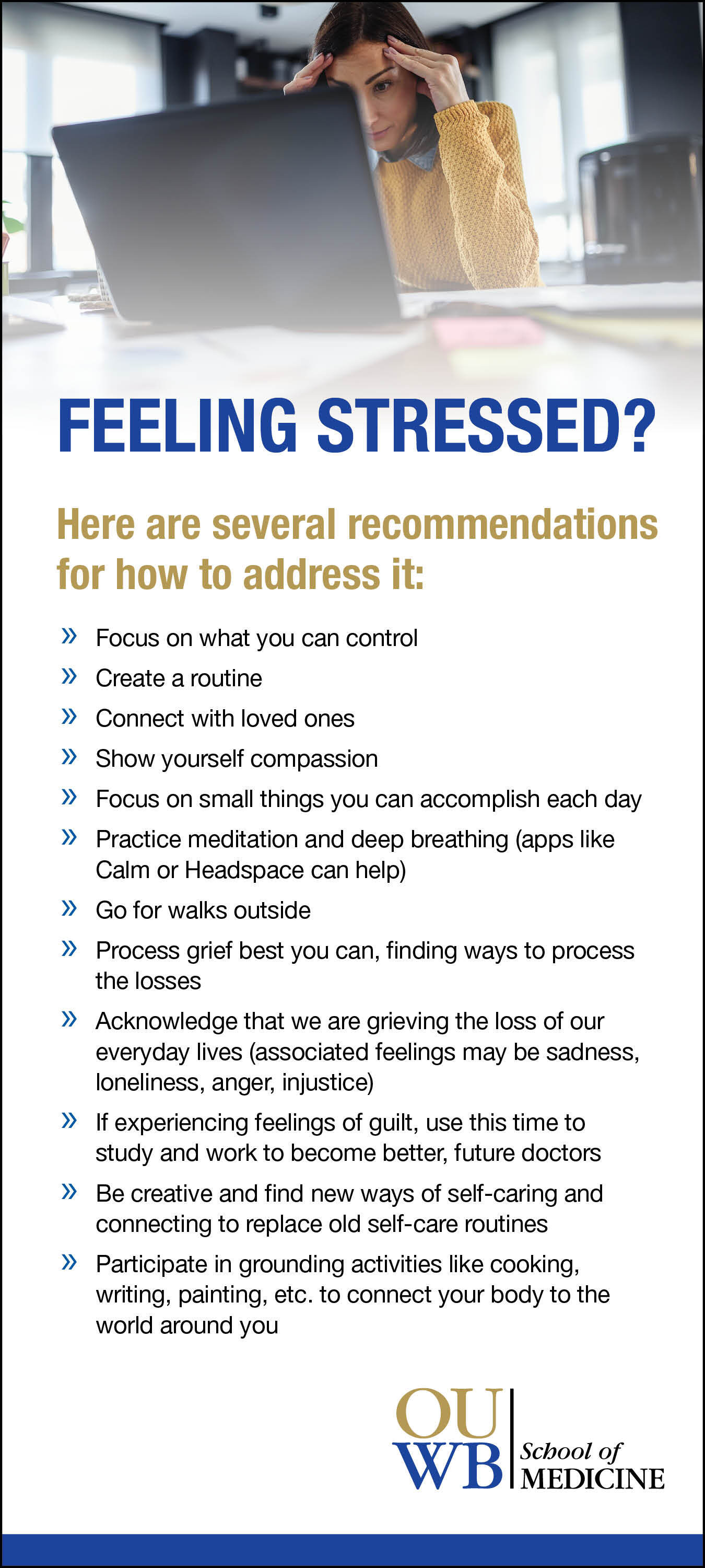 A graphic with various tips on dealing with stress caused by COVID-19.