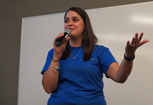 An image of Jamie Vassel speaking to a crowd