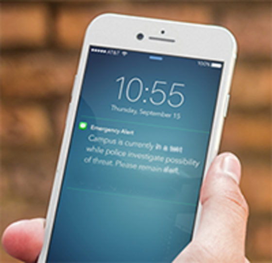 This is an image of a mobile phone displaying an emergency text alert and being held by a person's left hand.