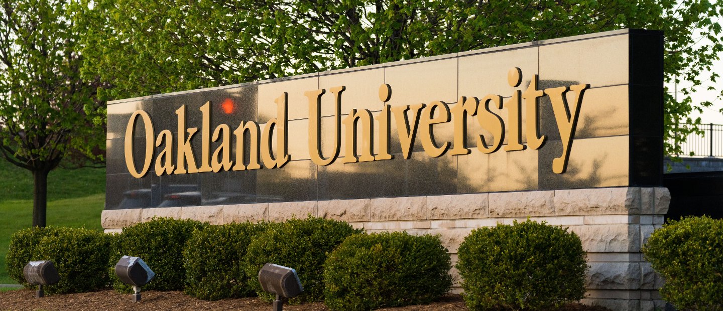 The Oakland University sign at the entrance to the campus.