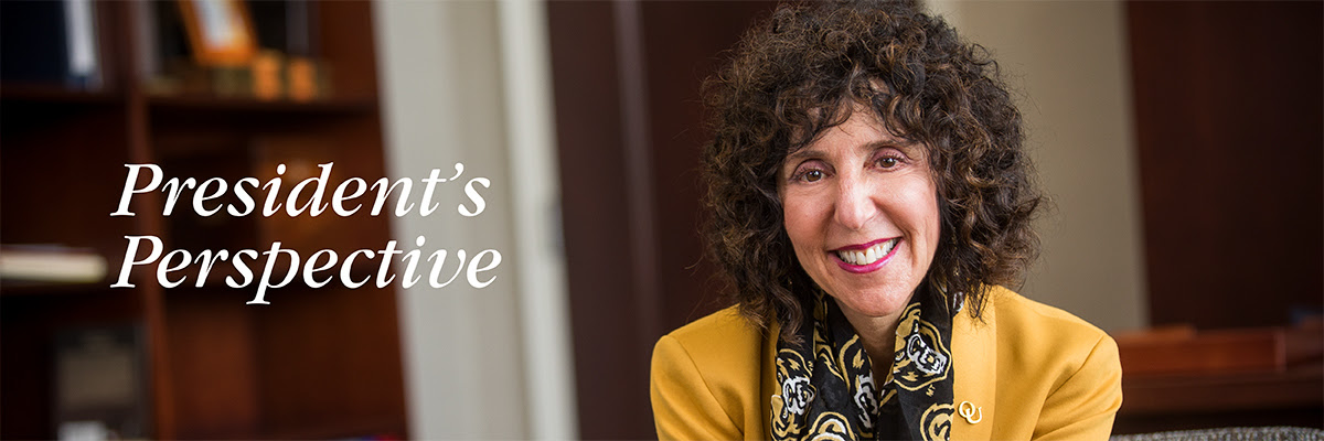 O U's President, Dr. Ora Hirsch Pescovitz, posed for a headshot. Text to the left of the image reads President's Perspective