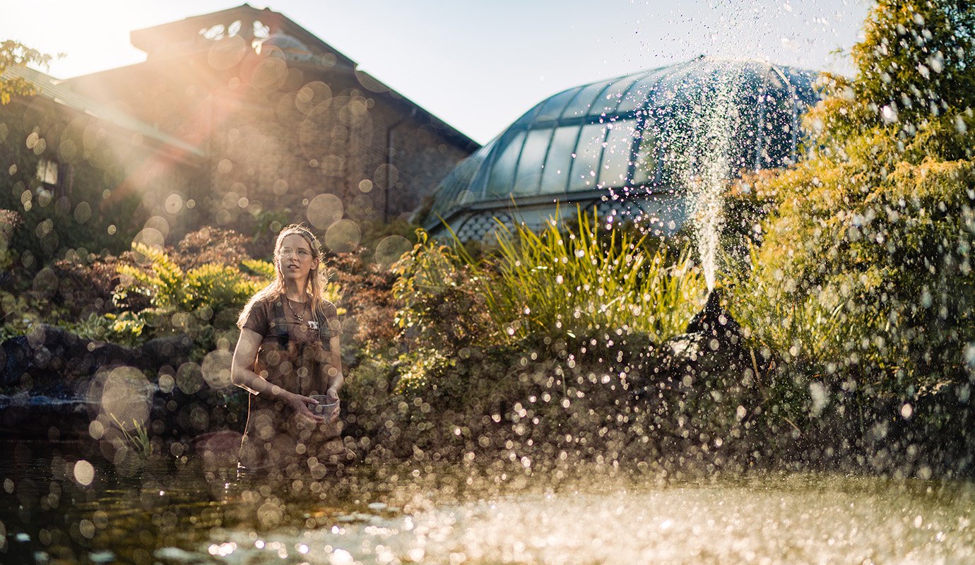 Woman standing in koi pond