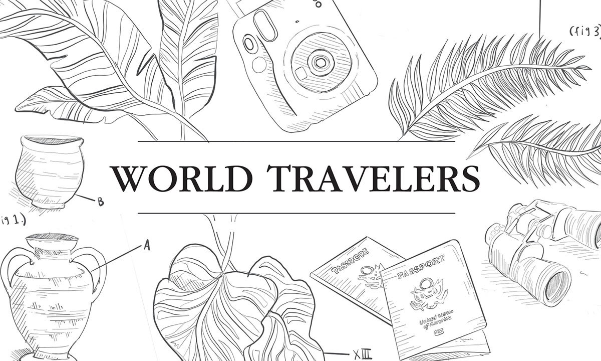 Illustration of leaves, camera and pottery with words "World Traveler"