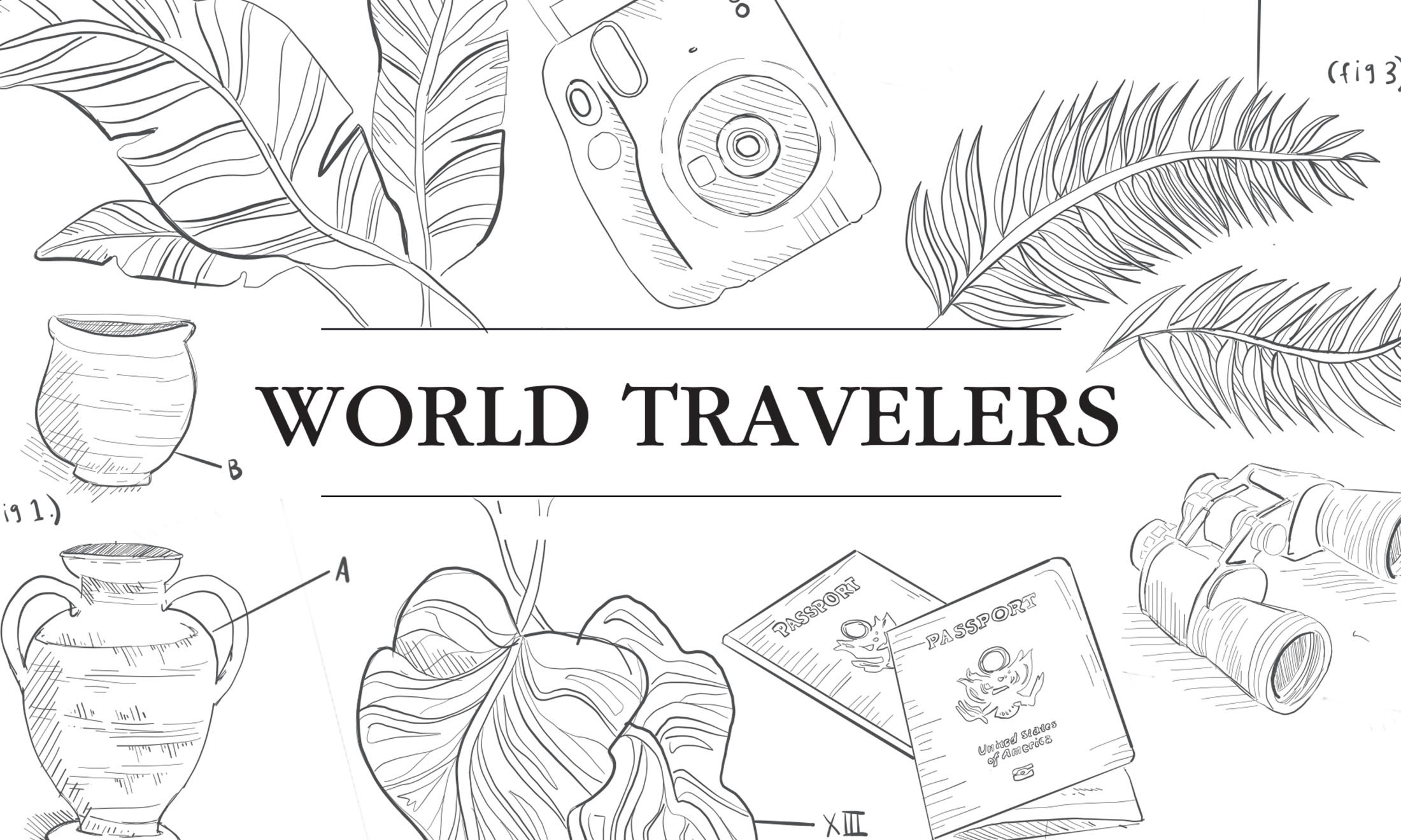 Illustration of leaves, camera and pottery with words "World Traveler"