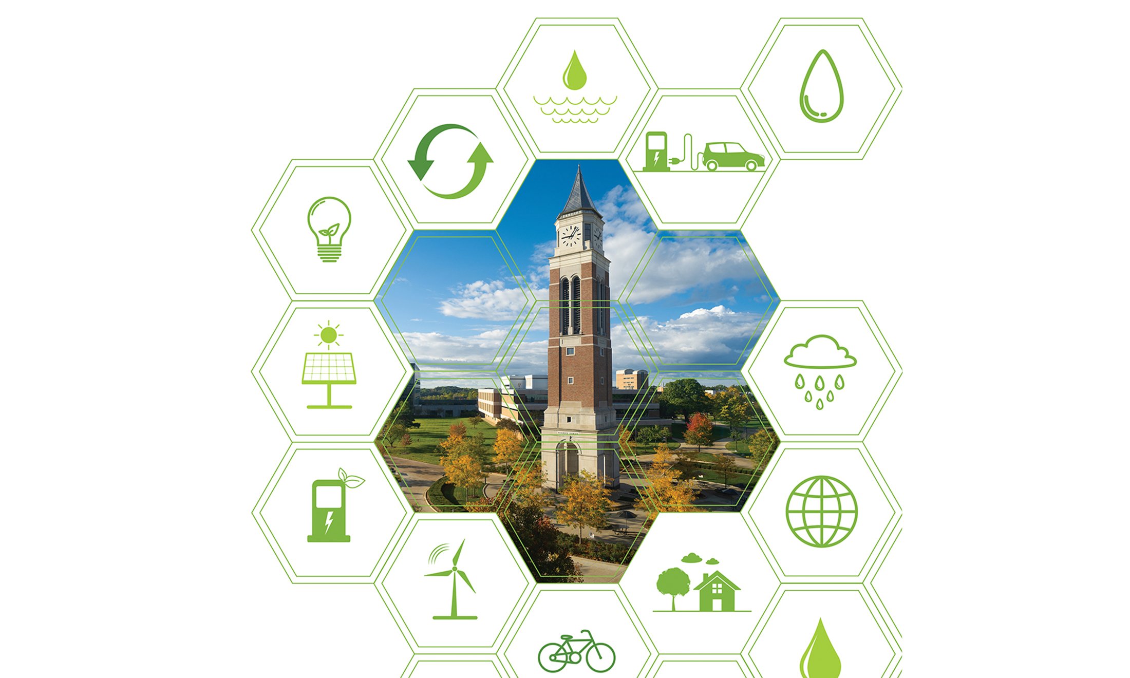 Different clipart photos in hexagons surrounding a picture of Elliott Tower