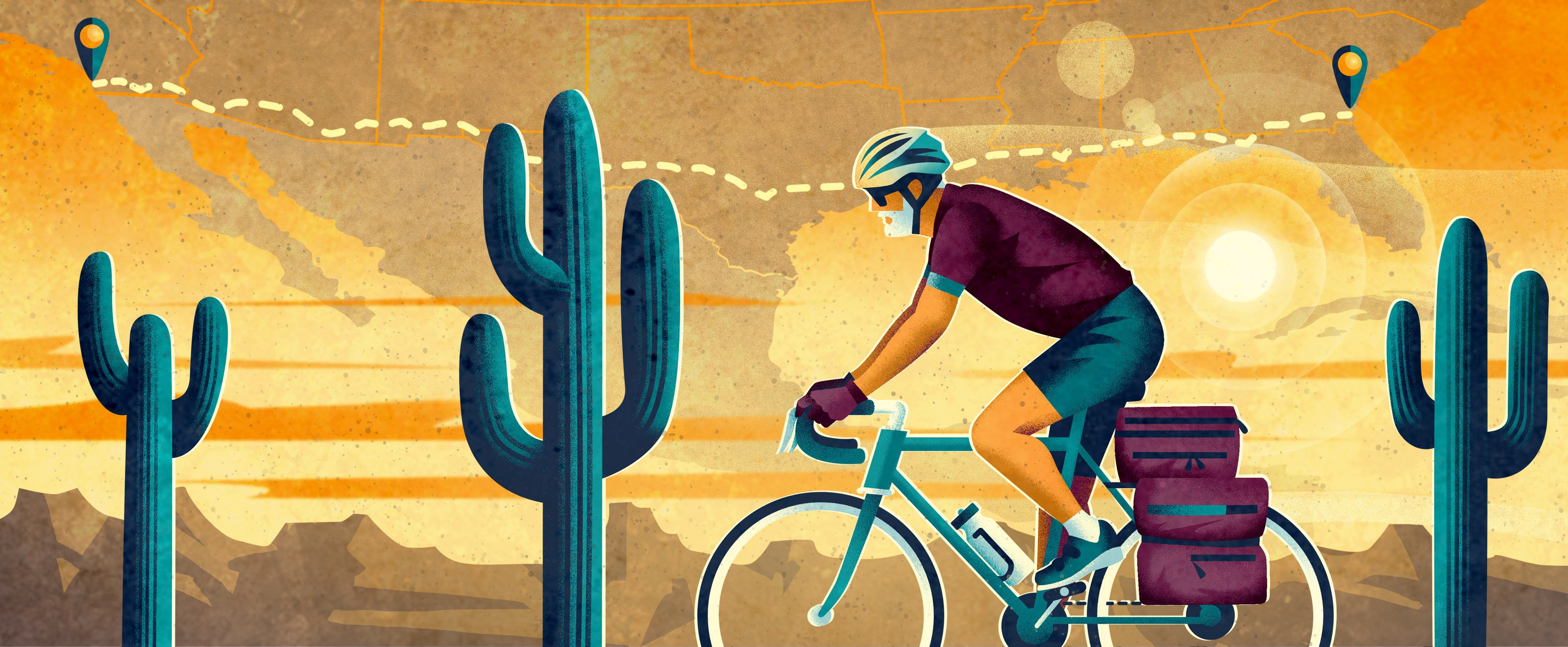 An illustration of a man on a bike riding through a desert