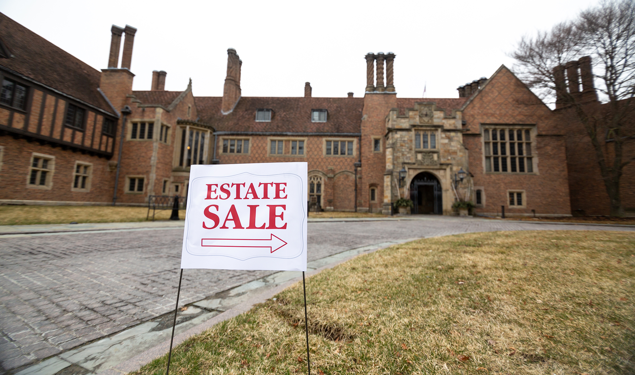 estate sale sign in front of meadow brook hall