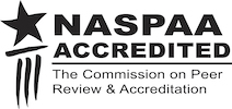 NASPAA logo of a star over a horizontal line, over three vertical lines. The text reads "NASPAA Accredited The Commission on Peer Review & Accreditation"