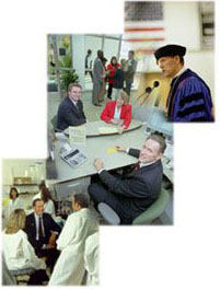 Gary Russi three photo collage of Gary Russi: speaking into a microphone, seated at a table and speaking to people in white lab coats