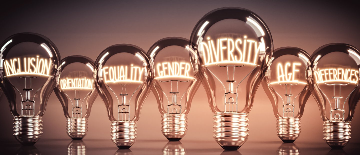 A row of lightbulbs with the following words inside of them: inclusion, orientation, equality, gender, diversity, age, differences.
