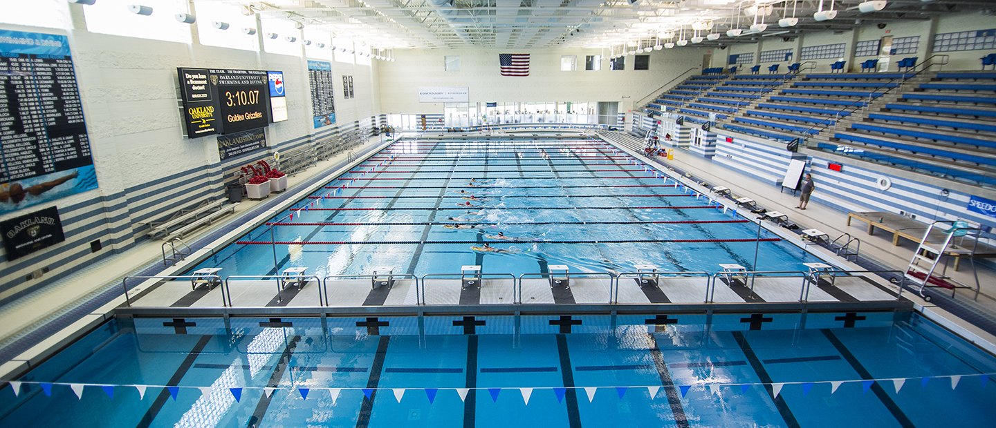CPR and Aquatic Programs An aerial view of the pool at Oakland University's aquatic center.