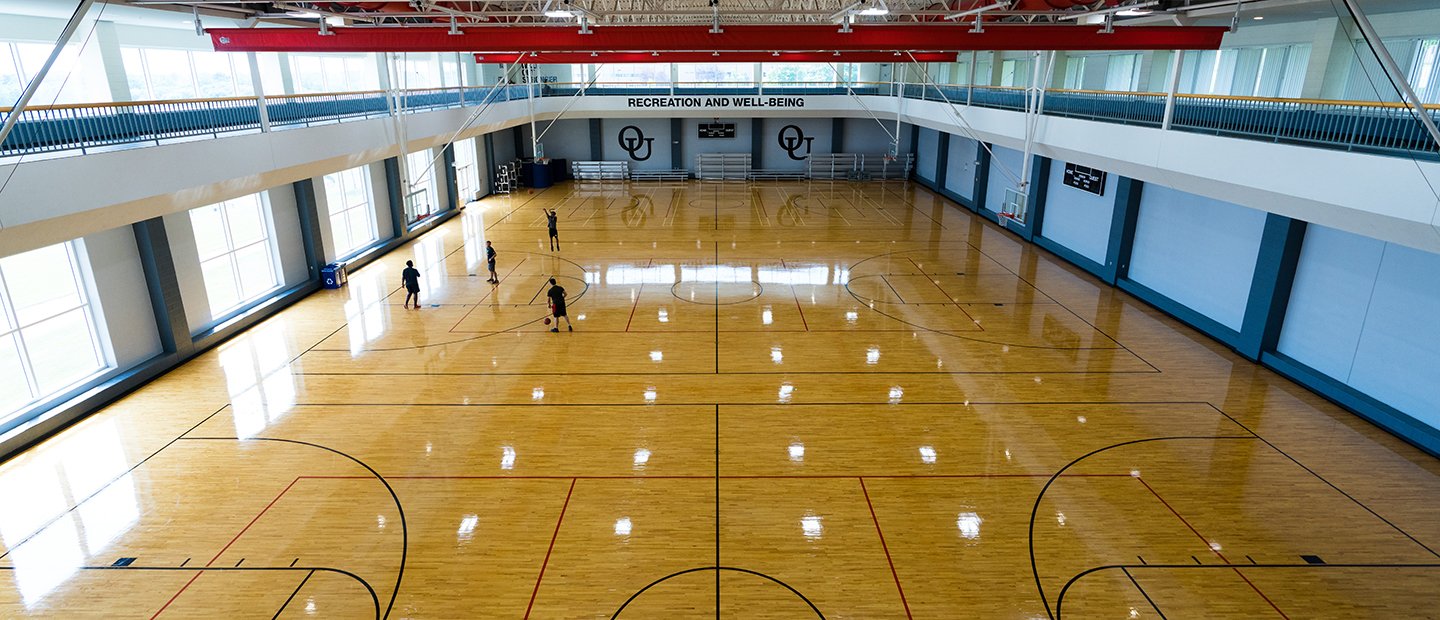 An aerial photo of the basketball court on the Recreation Center.