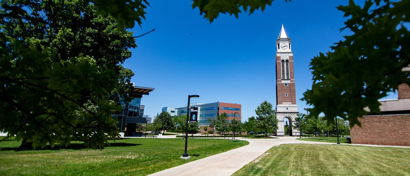 Oakland University's campus, with Elliott Tower featured.