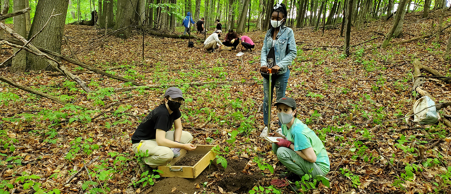 "Several students research soil in a forrest." 