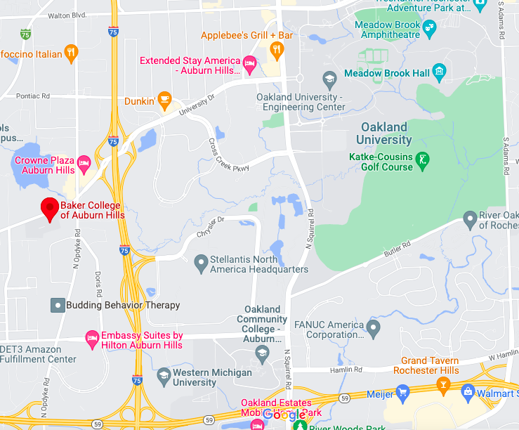 A map showing the location of the Oakland University West Campus building. The location can also be found on Google maps by using the link below the image.