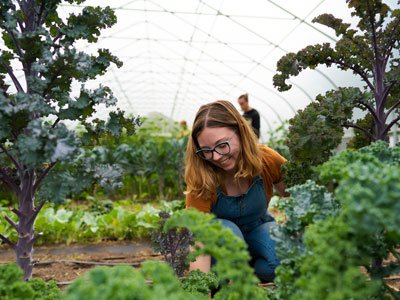 Woman sitting in the dirt working in a garden.