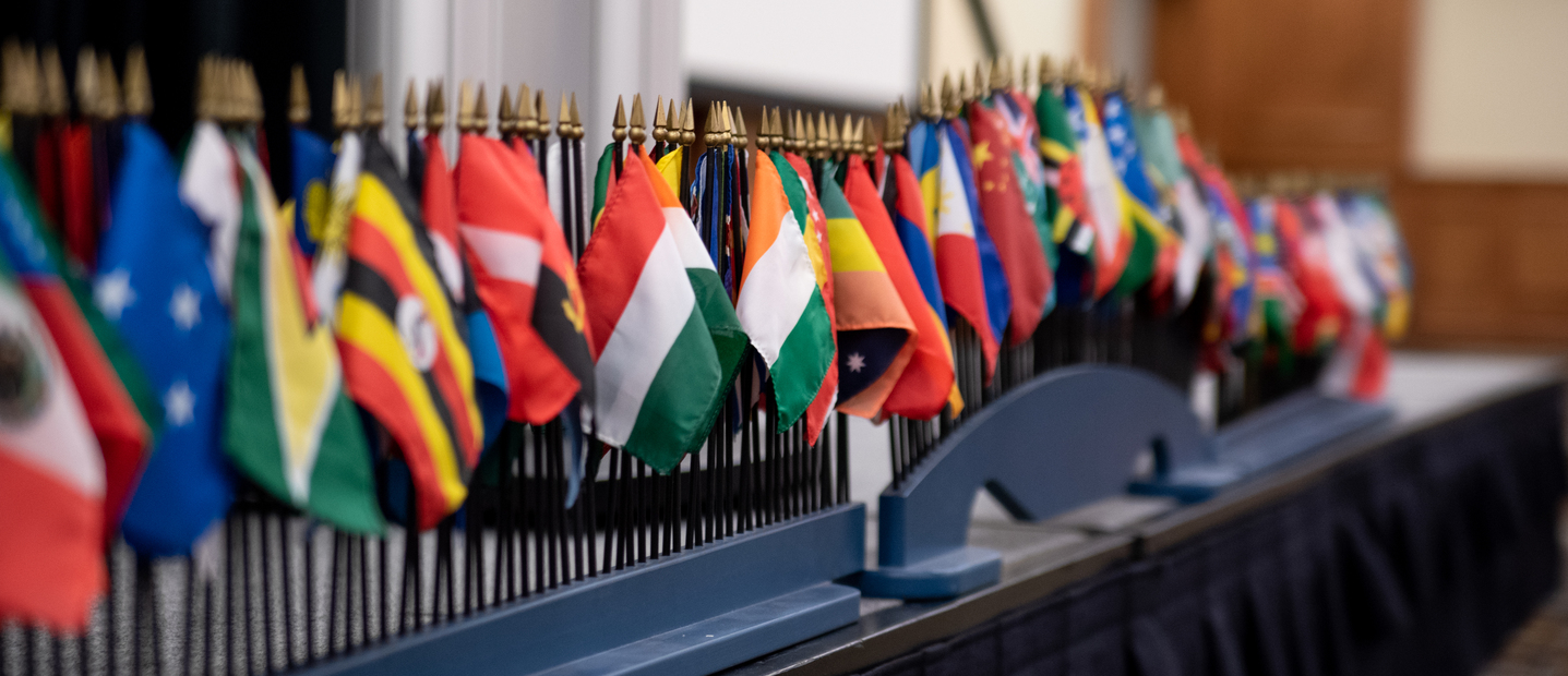 Flags from many countries standing in a display