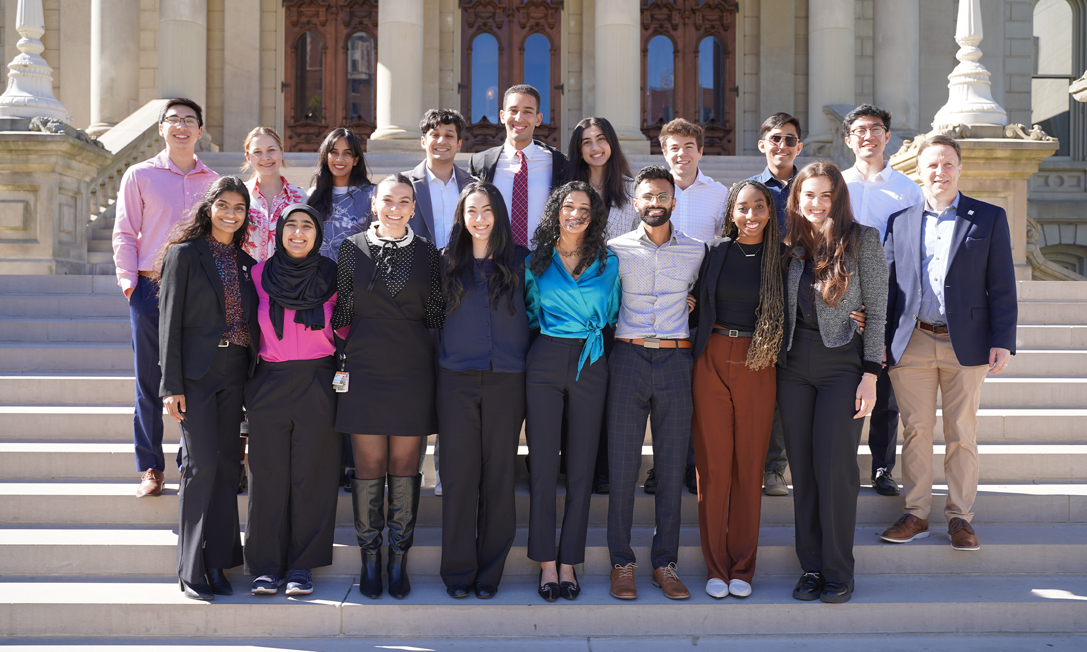 An image of the OUWB cohort that went to Lansing in front of the Michigan Capitol building