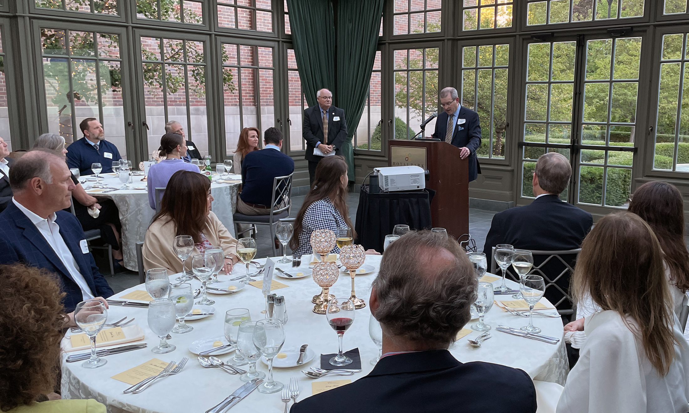 An image of a speaker at the Auschwitz dinner event