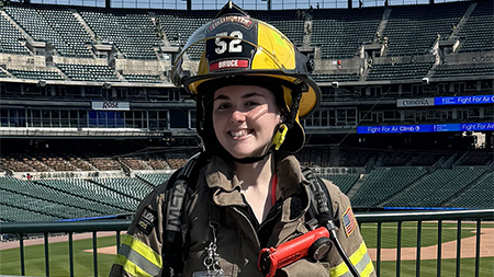 Maja Nikolovski dressed in fire gear