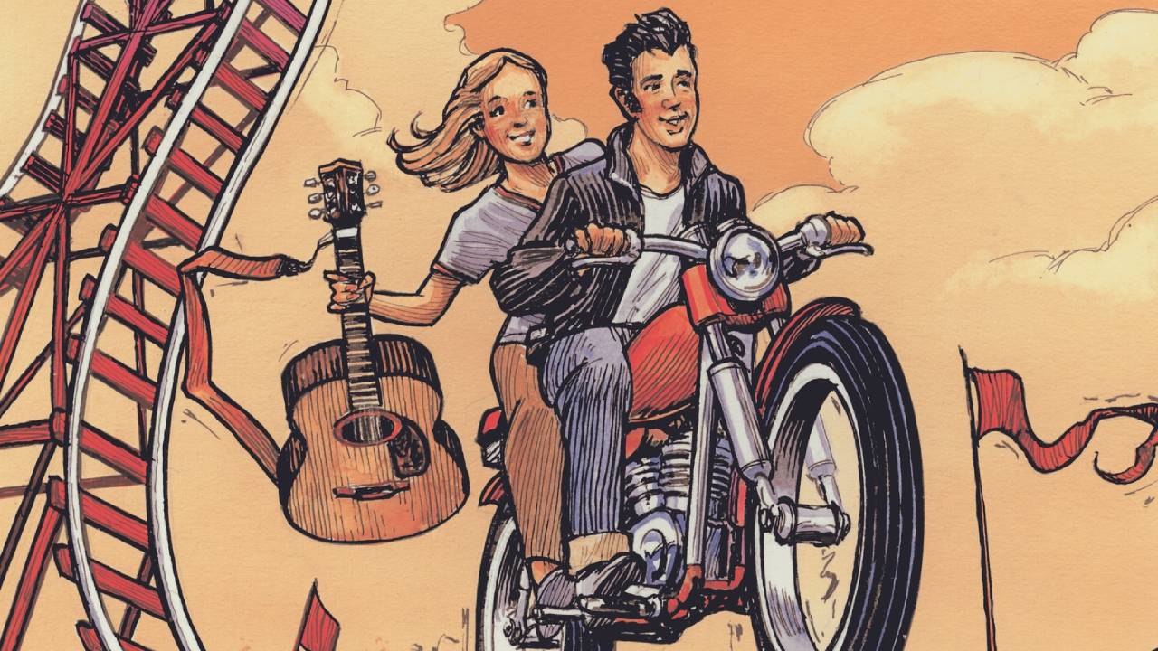 All Shook Up art with man on motorcyle with girl holding guitar