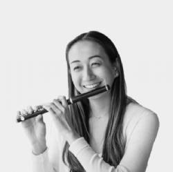 Lily Josefsberg playing flute, headshot, black and white