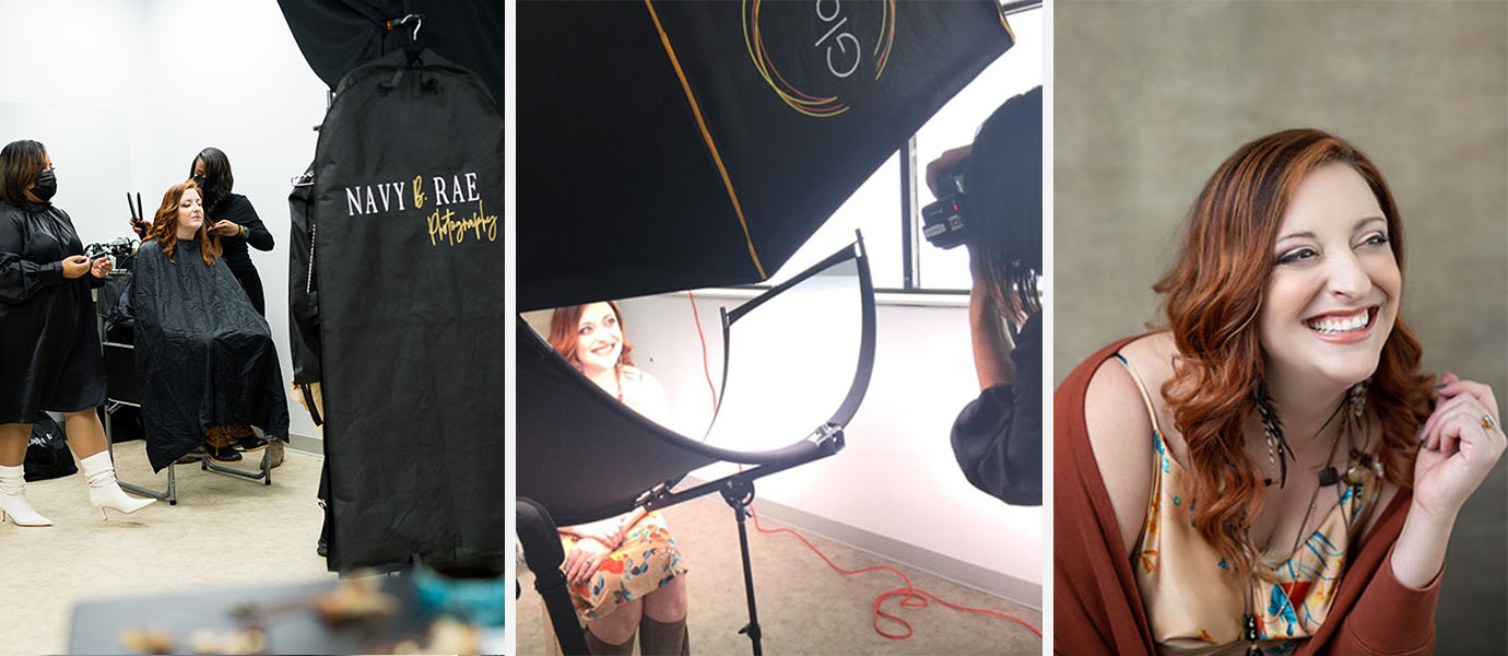 Collage of behind the scenes photos from photo shoot