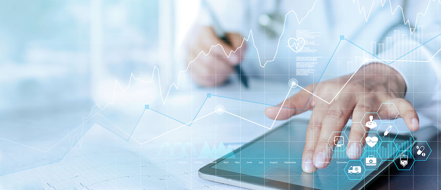 A hand using a touch screen tablet, with an overlay of graphic data.