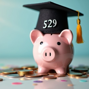 A piggy bank with a graduation cap on that says 529