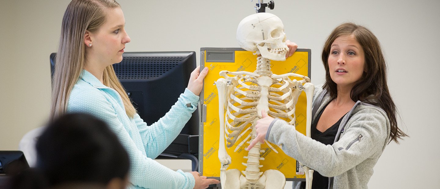 Two women holding a model skeleton in front of a class