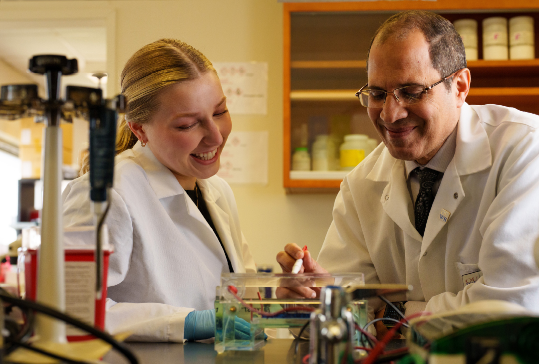 A student and professor work together in a lab.