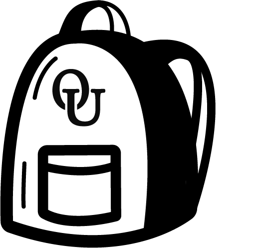 An icon of a backpack with an O U logo on it.